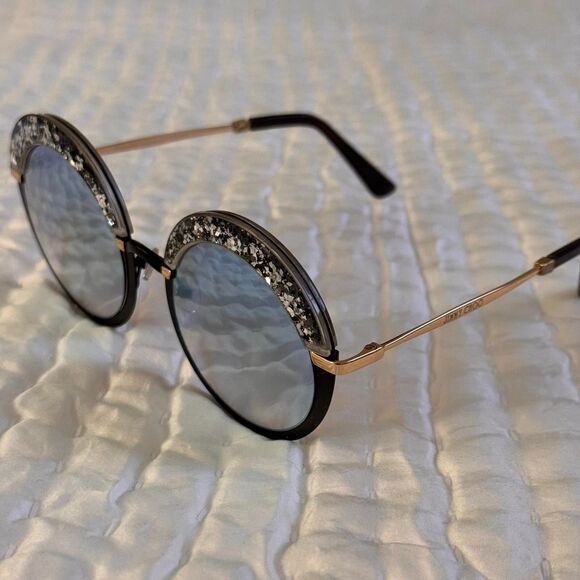 NWOT Jimmy Choo Gotha Round Reflective Glitter Sunglasses in Black, Silver, Blue